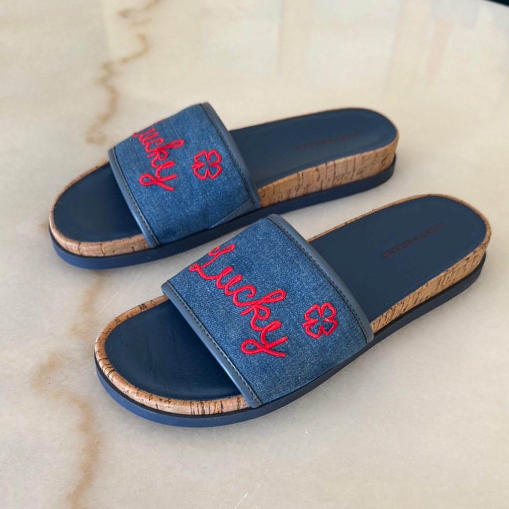 Lucky Brand Denim And Red Embroidered Slides